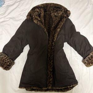 Women's Reversible Faux Fur Trimmed Leather Coat & plush Faux Fur coat